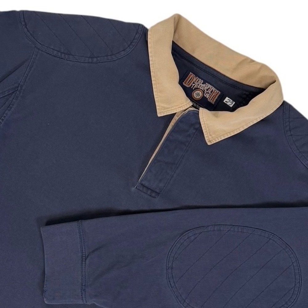Duluth Trading VTG Men XL Navy Blue Long Sleeve Rugby Polo Quilted Elbow Patches